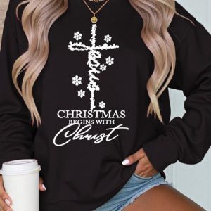 Casual Christmas Crew Neck Text Letters Sweatshirt, Hoodies & Sweatshirts, color:Black|size:3XL, catalog Noracora shop