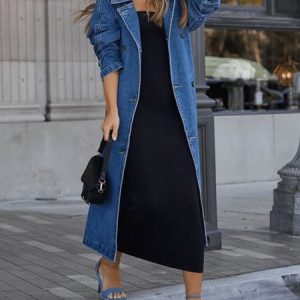 Urban Pockets Plain Lapel Collar Denim Coat, Coats, color:Blue|size:XXL, Stylewe