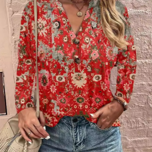 Casual Ethnic V Neck Long Sleeve T-shirt, Blouses, color:Orange|size:M, catalog Noracora shop