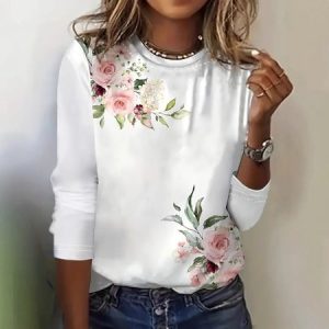 Floral Casual Crew Neck Loose T-Shirt, Long sleeves, Lilicloth.com