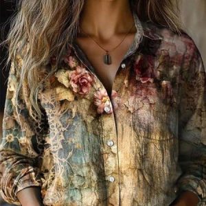 Women's Long Sleeve Shirt Spring/Fall 3D Printing Shawl Collar Daily Going Out Vintage Top, JustFashionNow Blouses, color:As Picture|size:4XL,