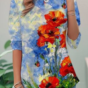 Casual Floral Crew Neck Long Sleeve T-shirt, T-shirts, color:Red|size:XXL, catalog Noracora shop