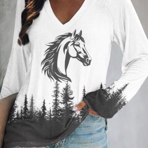 Western style forest horse head pattern V-neck long sleeved T-shirt, Long sleeves, Lilicloth.com