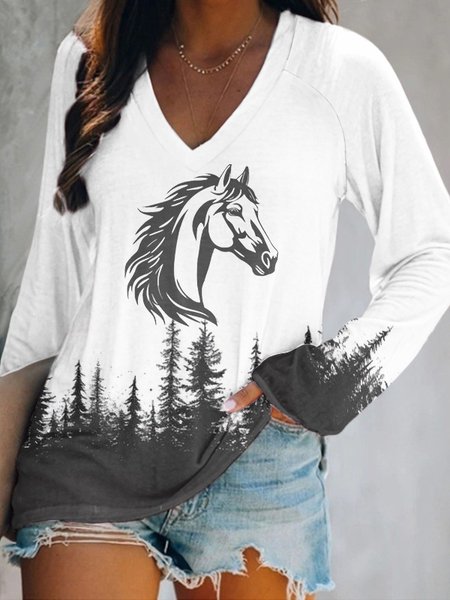Western style forest horse head pattern V-neck long sleeved T-shirt, Long sleeves, Lilicloth.com