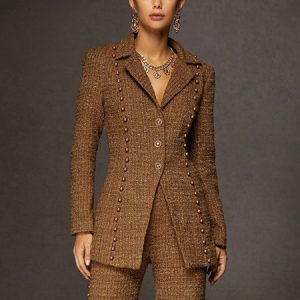 Urban Lapel Collar Tweed Blazer, Blazers, color:Brown|size:XXL, Stylewe