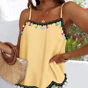 Square Neck Spaghetti Strap Colorful Tassel Decor Tank Casual Loose Fit Top, women Tanks & Crop Tops, ChicMe catalog