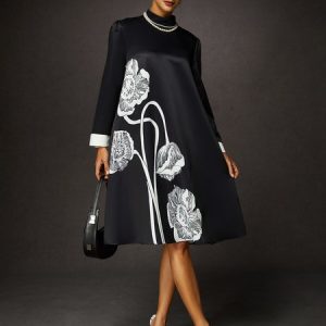 Elegant Loose Stand Collar Long Sleeve Floral Midi Dress, Midi Dresses, color:Black|size:XXL, Stylewe