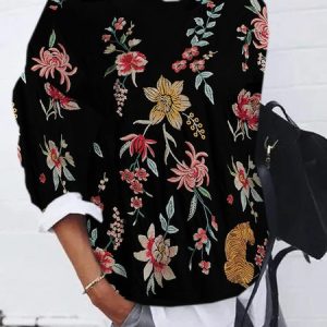 Casual Crew Neck Floral Sweatshirt Zipper, Hoodies & Sweatshirts, color:Black|size:4XL, catalog Noracora shop
