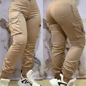 Chain Decor Pocket Design Cuffed Cargo Pants, women Pants, ChicMe catalog
