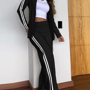 2 Piece Stripe Print Notched Collar Long Sleeve Coat Slit Straight Pants Work Pants Set, women Two-piece Sets, ChicMe catalog