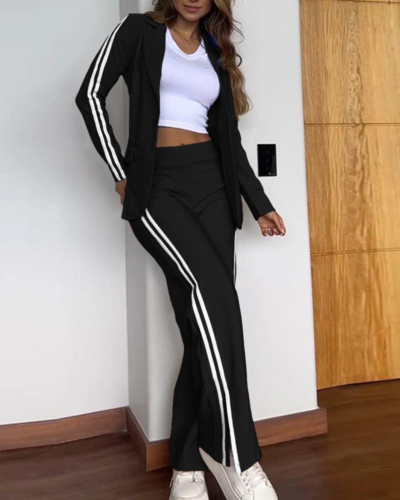 2 Piece Stripe Print Notched Collar Long Sleeve Coat Slit Straight Pants Work Pants Set, women Two-piece Sets, ChicMe catalog