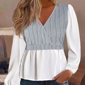 Colorblock V-Neck Patchwork Knit Top, women Blouses & Shirts, ChicMe catalog