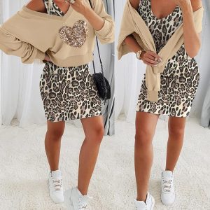2 Pieces Outfit Sequin Heart Pattern V-Neck Long Sleeve Crop Sweatshirt and Leopard Print Sleeveless Tank Dress, women Two-piece Sets, ChicMe catalog