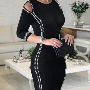 Rhinestone Round Neck Cutout Slim Fit Midi Dress Casual Bodycon, women Bodycon Dresses, ChicMe catalog
