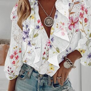 Floral Print Plunge Eyelet Embroidery Blouse Ruffles Long Sleeve Button Design Casual Shirts, women Blouses & Shirts, ChicMe catalog