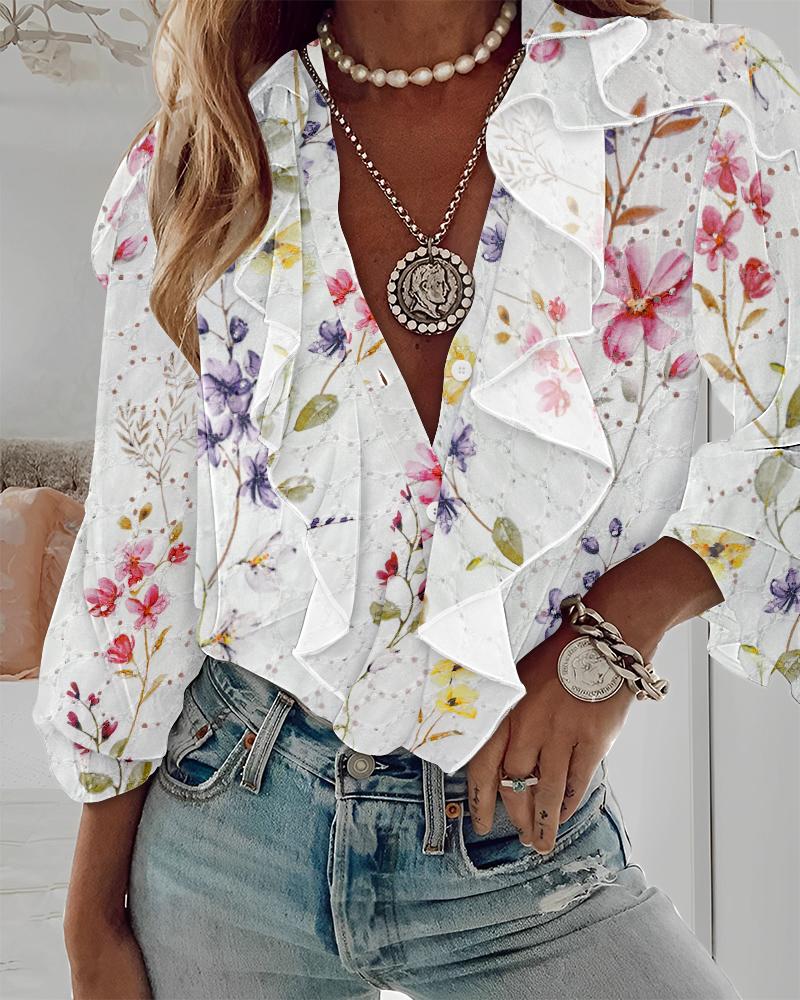 Floral Print Plunge Eyelet Embroidery Blouse Ruffles Long Sleeve Button Design Casual Shirts, women Blouses & Shirts, ChicMe catalog