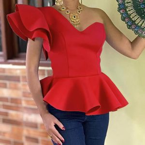 Skew Neck Slim Fit Ruffles Design Flutter Sleeve Blouse Elegant Top, women Blouses & Shirts, ChicMe catalog