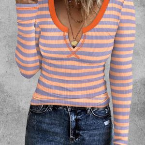 Striped Notch Neck Long Sleeve Ribbed Top Pullover Slim Fit Tee, women T-shirt & Tees, ChicMe catalog