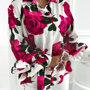 Floral Print Turn-down Collar Shirt Ruffle Hem Long Sleeve Casual Blouse, women Blouses & Shirts, ChicMe catalog