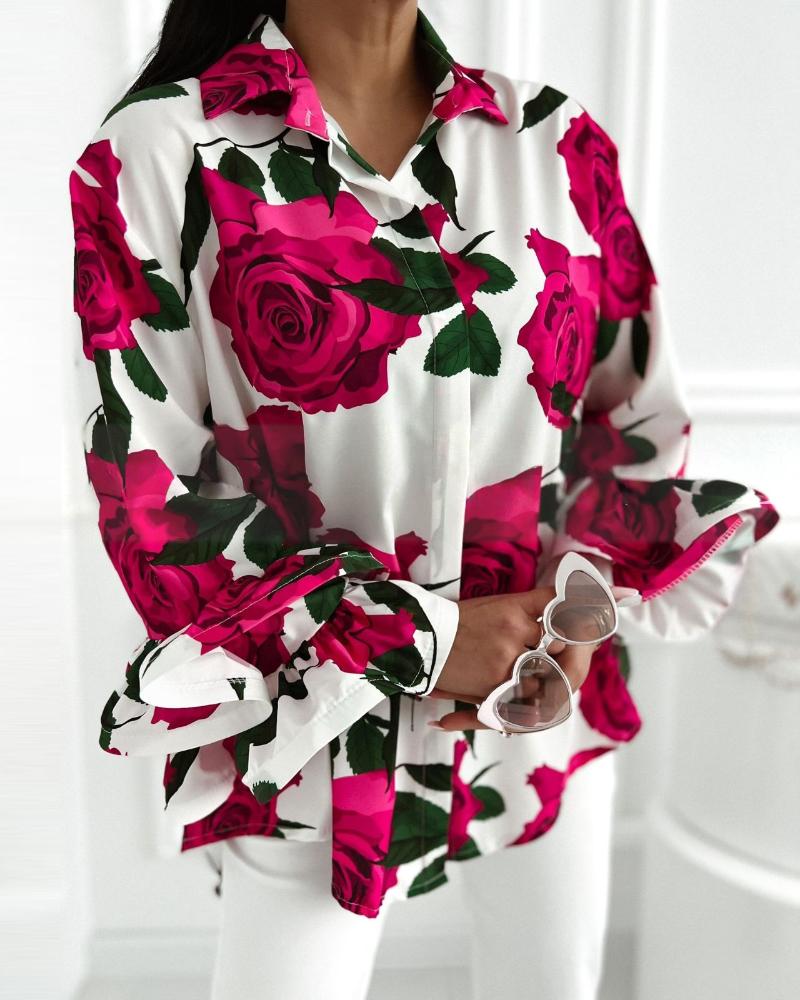 Floral Print Turn-down Collar Shirt Ruffle Hem Long Sleeve Casual Blouse, women Blouses & Shirts, ChicMe catalog