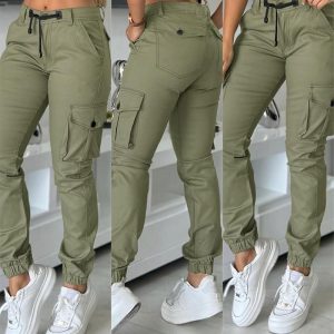 Zipper Fly Drawstring Elastic Back Waist Cuffed Trousers Casual Multiple Flap Pockets Design Cargo Pants, women Pants, ChicMe catalog