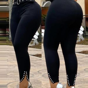 Slit Beaded Decor High Waist Eyelet Buckled Pants With Belt, women Pants, ChicMe catalog