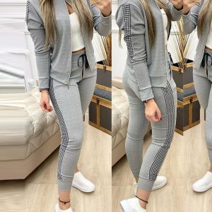 2 Piece Contrast Plaid Stand Collar Long Sleeve Zipper Jacket Drawstring Pants Casual Sweatshirt Sets, women Two-piece Sets, ChicMe catalog