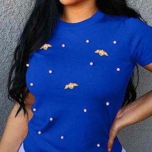 Beaded Round Neck Short Sleeve T-Shirt Casual loose Fit Top, women T-shirt & Tees, ChicMe catalog