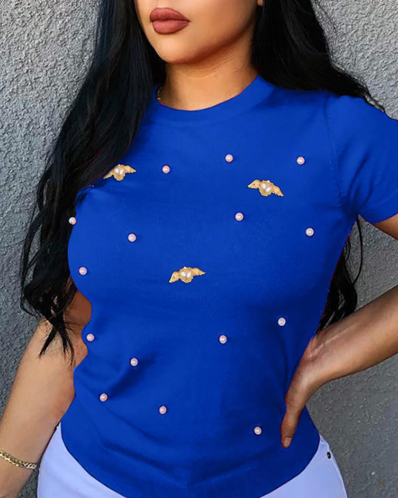 Beaded Round Neck Short Sleeve T-Shirt Casual loose Fit Top, women T-shirt & Tees, ChicMe catalog