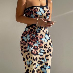 Leopard Butterfly Print One Shoulder Sleeveless Bodycon Dress Sexy Hollow-out Slim Fit Dress, women Bodycon Dresses, ChicMe catalog