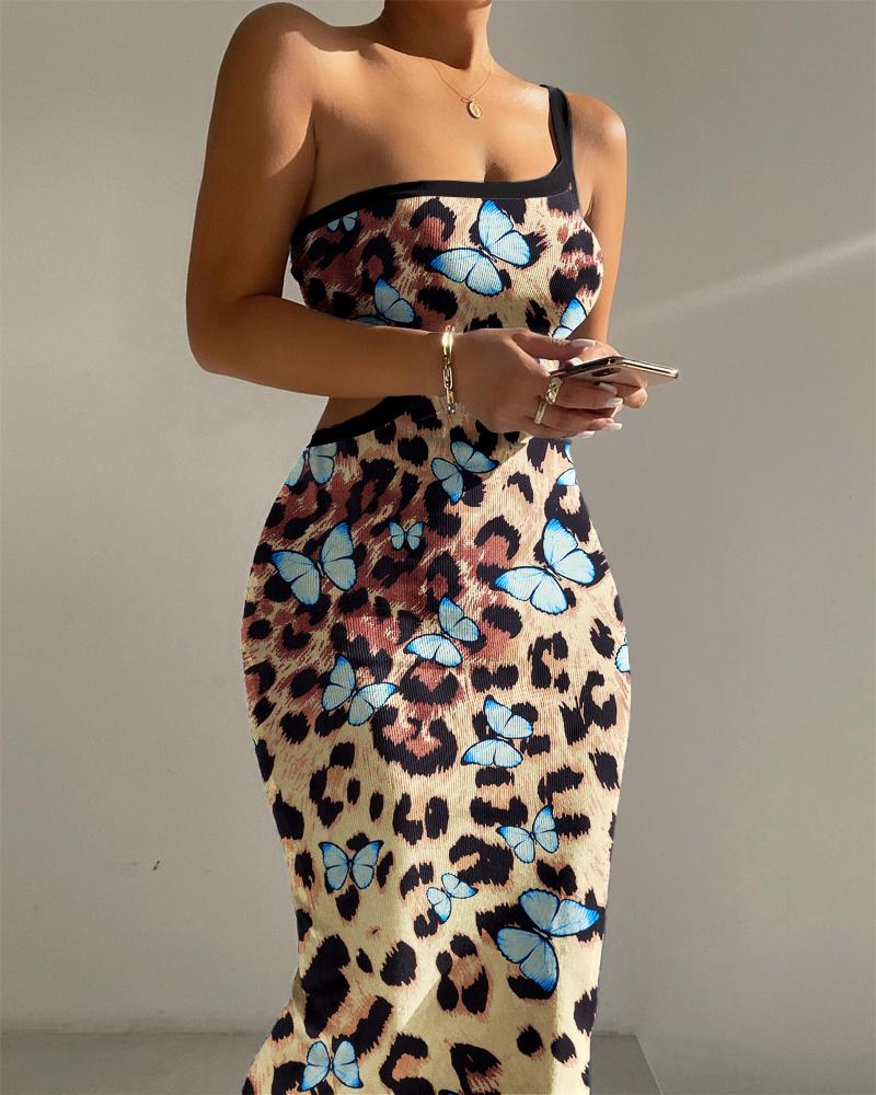 Leopard Butterfly Print One Shoulder Sleeveless Bodycon Dress Sexy Hollow-out Slim Fit Dress, women Bodycon Dresses, ChicMe catalog