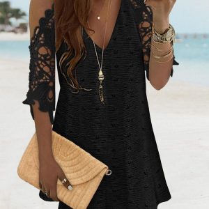 V-Neck Cold Shoulder Sleeveless Lace Hem Straight Dress Vacation Dress, women Casual Dresses, ChicMe catalog