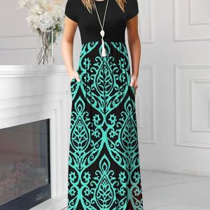 Colorblock Floral Print Round Neck Short Sleeve Dress Casual Pocket Design A Line Maxi Dress, women Casual Dresses, ChicMe catalog