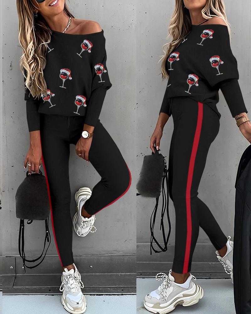 2 Piece Christmas Wine Glass Pattern Contrast Sequin Top Casual Pants Tracksuit Set, women Two-piece Sets, ChicMe catalog