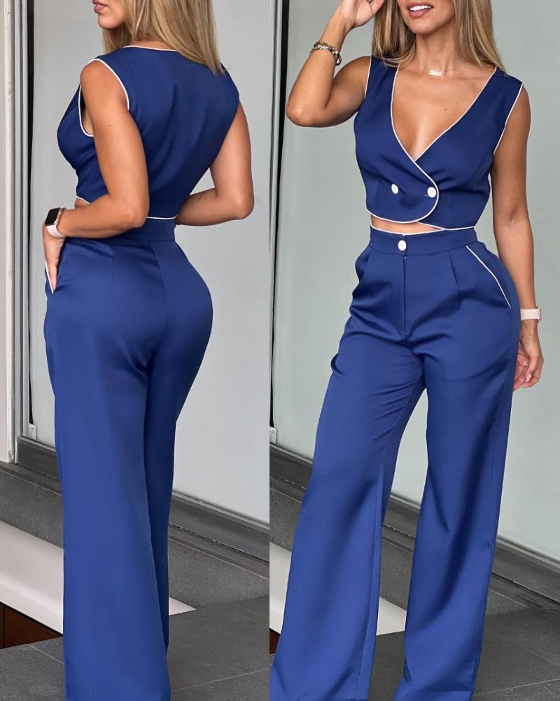 Colorblock Contrast Binding V-Neck Front Button Crop Tank High Waist Wide Leg Pants Casual Pants Set with Pocket, women Two-piece Sets, ChicMe catalog