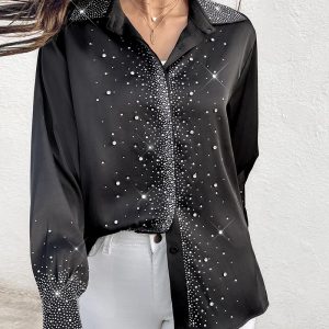 Rhinestone Turn-down Collar Long Sleeve Blouse Elegant Satin Shirt, women Blouses & Shirts, ChicMe catalog