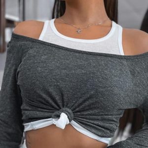 Colorblock Print Round Neck Long Sleeve Thick Strap Tee Casual Top, women T-shirt & Tees, ChicMe catalog