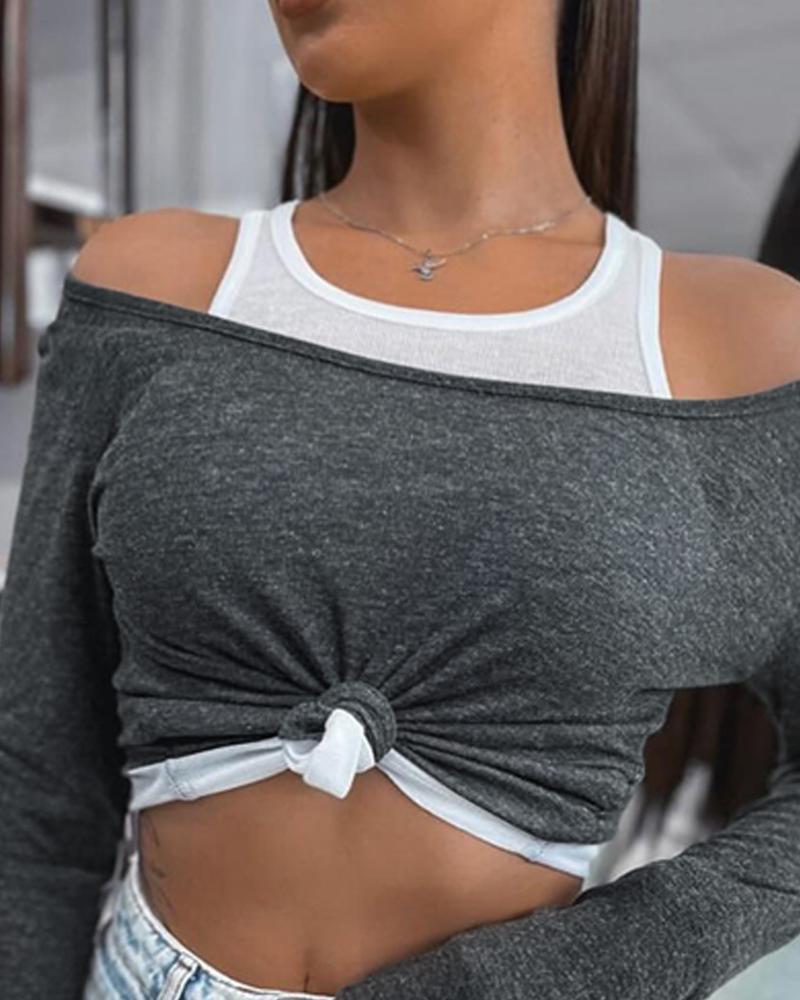 Colorblock Print Round Neck Long Sleeve Thick Strap Tee Casual Top, women T-shirt & Tees, ChicMe catalog