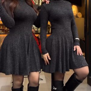 Mock Neck Long Sleeve Cinched Waist Flared Hem Dress Casual Ribbed Mini Dress, women Casual Dresses, ChicMe catalog