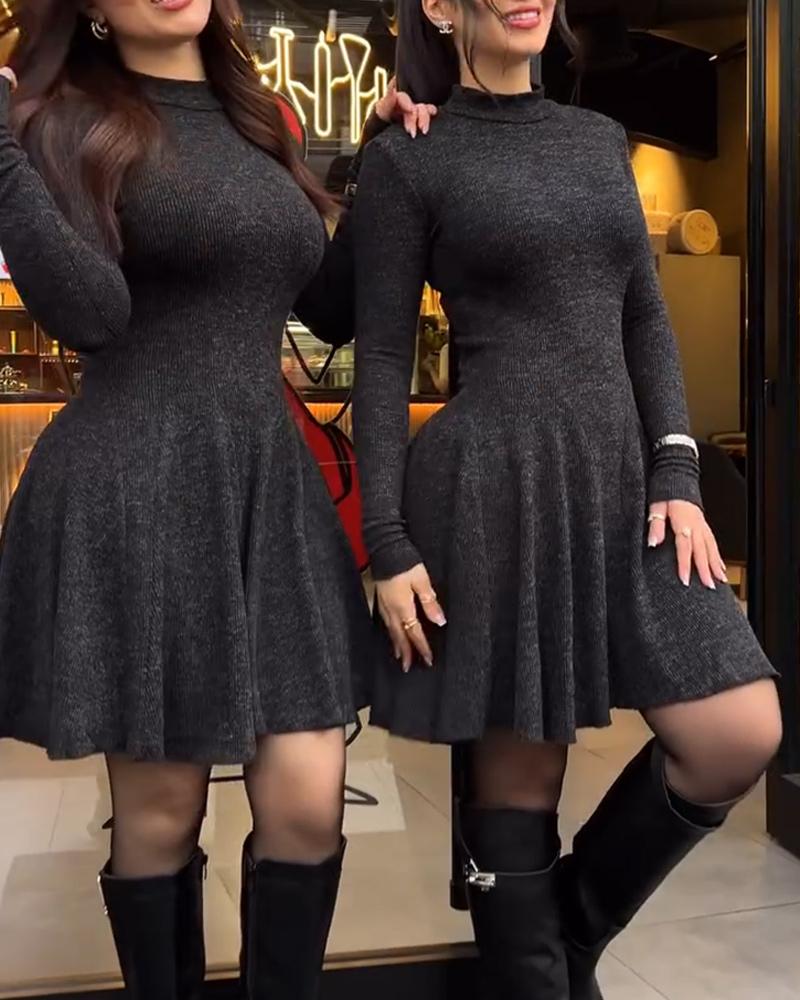 Mock Neck Long Sleeve Cinched Waist Flared Hem Dress Casual Ribbed Mini Dress, women Casual Dresses, ChicMe catalog
