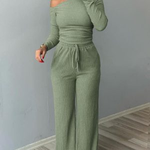 2 Piece Skew Neck Long Sleeve Pullover Ribbed Top & Stretchy Tied Detail Waist Pants Outfits Set, women Two-piece Sets, ChicMe catalog