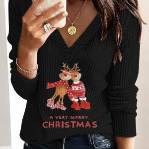 A Very Merry Christmas Cartoon Reindeer Print V-Neck Long Sleeve Contrast Lace Top, women T-shirt & Tees, ChicMe catalog