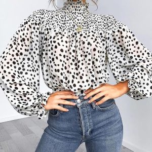 Leopard Print High Neck Lantern Long Sleeve Tied Detail Blouse Loose Casual Tops, women Blouses & Shirts, ChicMe catalog