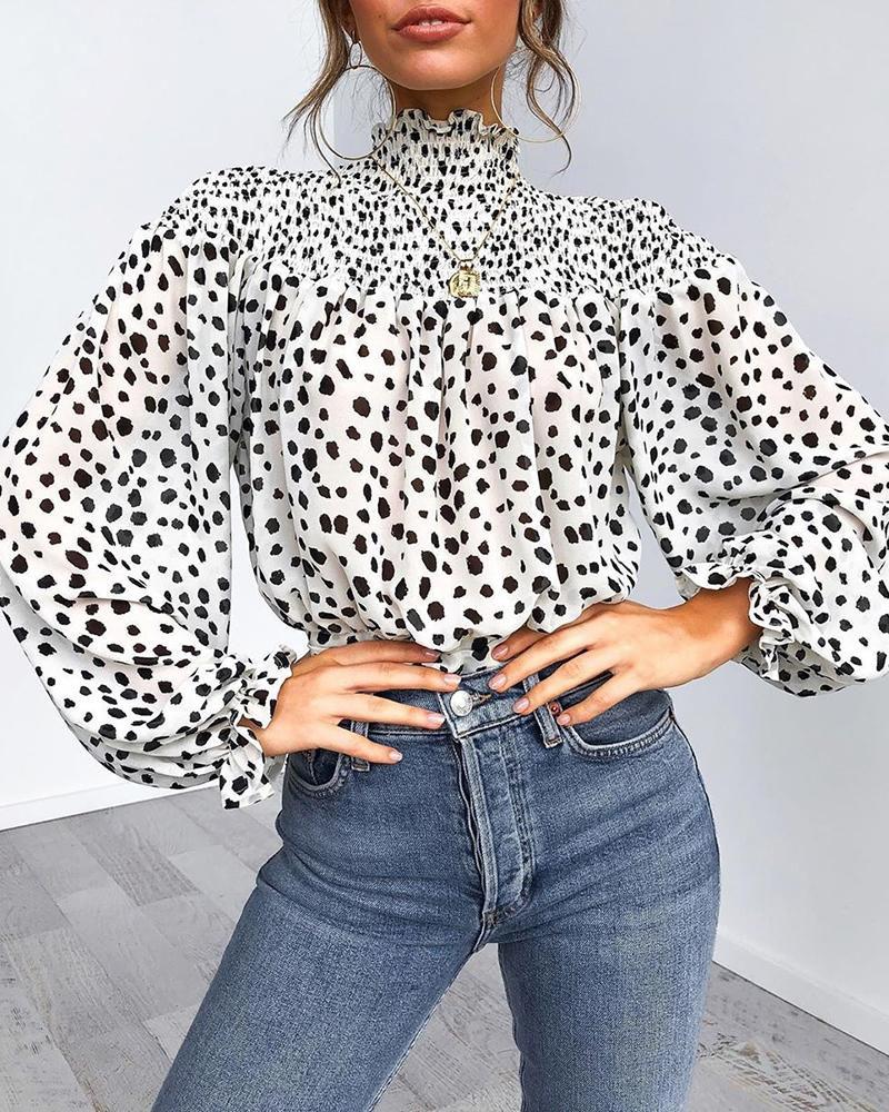 Leopard Print High Neck Lantern Long Sleeve Tied Detail Blouse Loose Casual Tops, women Blouses & Shirts, ChicMe catalog