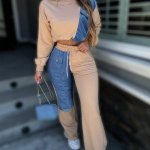2 Piece Long Sleeve Demin Patchwork Crop Drawstring Sweatshirt High Waist Pants Set Tracksuit, women Two-piece Sets, ChicMe catalog