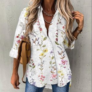 Floral Pattern Long Sleeve Shirt Eyelet Embroidery Pocket Design Blouse Top, women Blouses & Shirts, ChicMe catalog