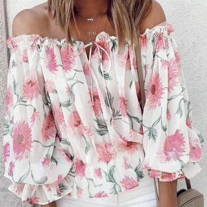 Off Shoulder Floral Print Lantern Sleeve Top, women Blouses & Shirts, ChicMe catalog