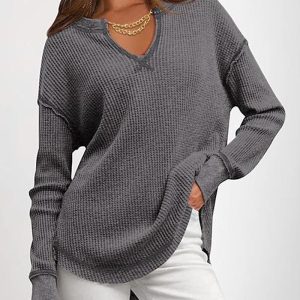 Waffle Knit Notch Neck Long Sleeve Top Slit Casual Pullover Tee with Detachable Chain, women T-shirt & Tees, ChicMe catalog