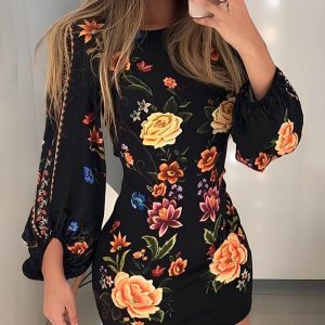 Cutout Lantern Sleeve Floral Print Bodycon Dress, women Bodycon Dresses, ChicMe catalog