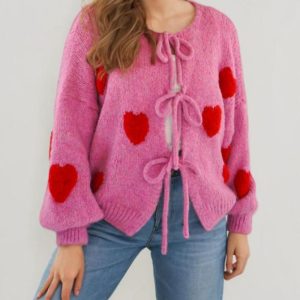 Heart Pattern Long Sleeve Round Neck Tied Detail Cardigan Spring Winter Top, women Sweaters & Cardigans, ChicMe catalog